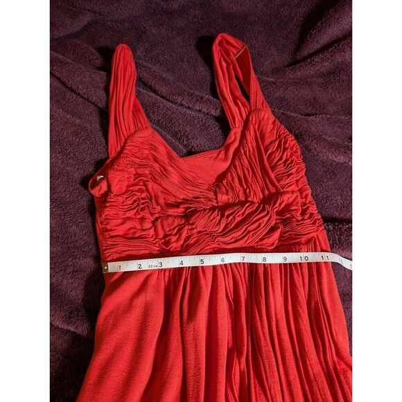 KISCHE Women's Mini Dress Stretch Ruched Empire Waist Sz M Solid Red Orange - Picture 4 of 7